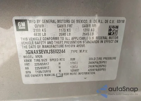 2018 Chevrolet Equinox Lt z USA, uszkodzony, nr VIN 3GNAXSEVXJS602244